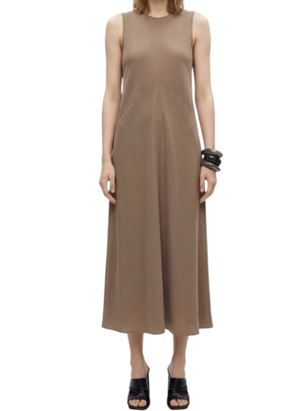 ZARA Midi Sleeveless Linen Blend Dress Pockets Tan/Brown Size S NWT